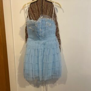 Mac Duggal Powder Blue Tulle Mini Dress with Fun Feather Details